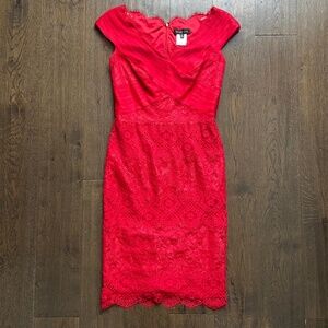 TADASHI SHOJI RED LACE DRESS CROCHET V-NECK COQUETTE FEMININE WEDDING COCKTAIL